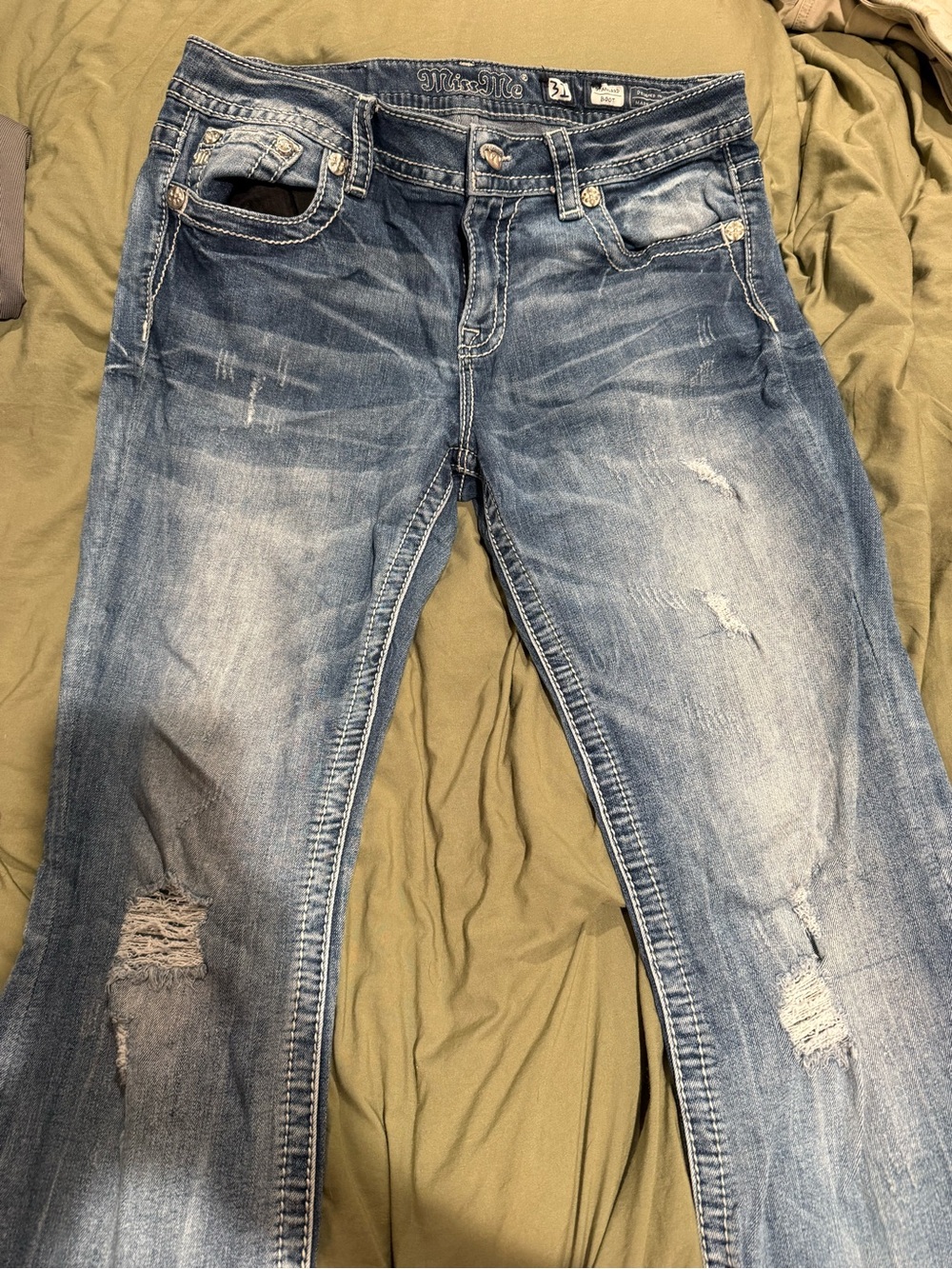 Miss Me Men’s Blue Fade Bootcut Jeans with Distressed Detailing